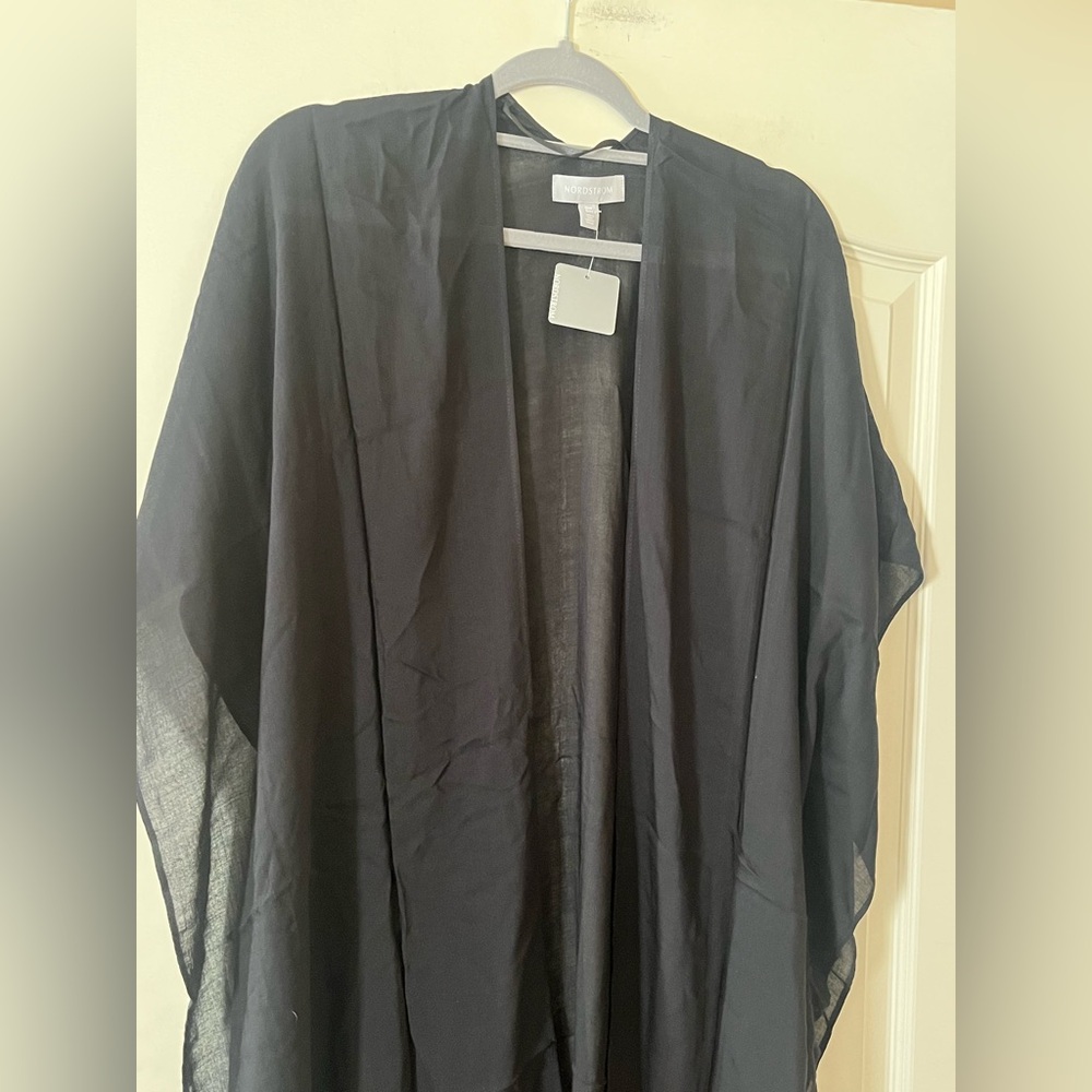 New! Nordstrom Black Viscose Kimono ruana style with Fringe OSFM - Picture 8 of 15